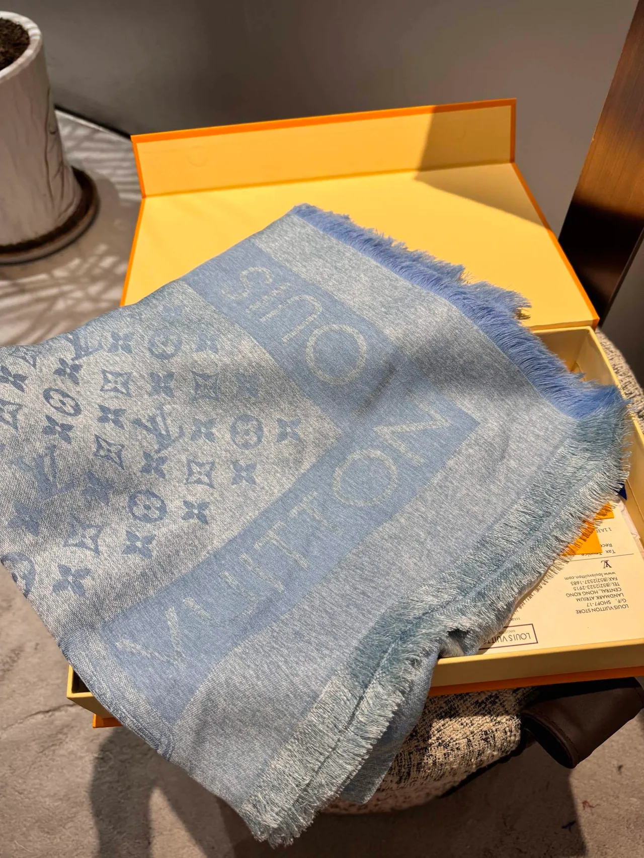 Louis Vuitton Monogram Print Heathered Blue-Gray Silk Scarf 4