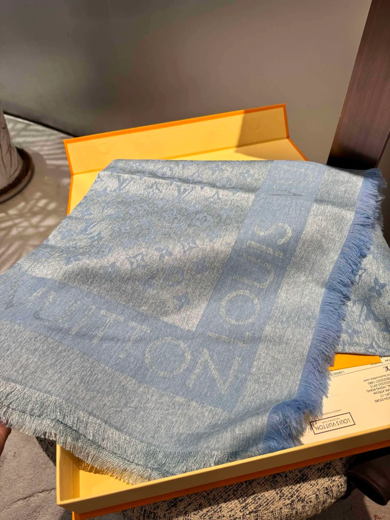 Louis Vuitton Monogram Print Heathered Blue-Gray Silk Scarf 6