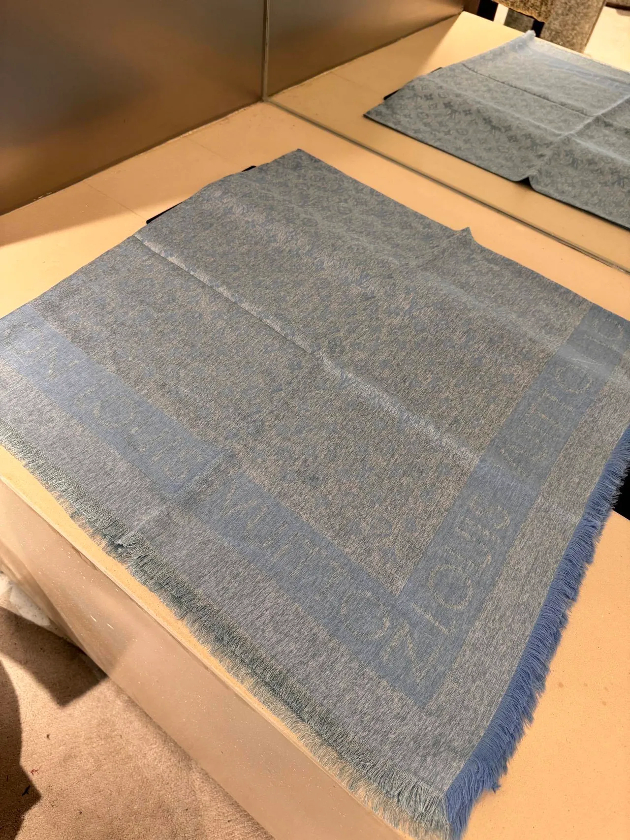 Louis Vuitton Monogram Print Heathered Blue-Gray Silk Scarf 7