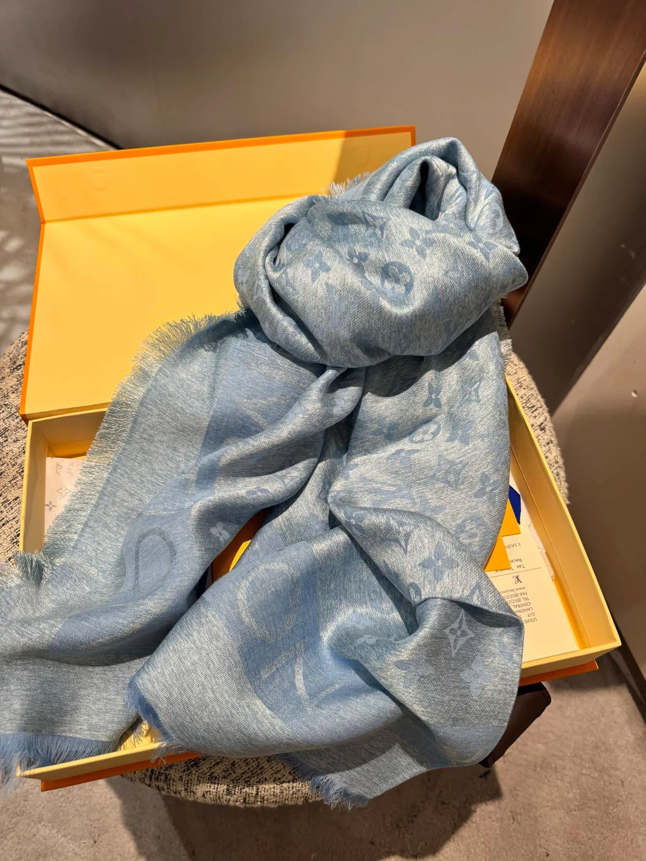 Louis Vuitton Monogram Print Heathered Blue-Gray Silk Scarf 8