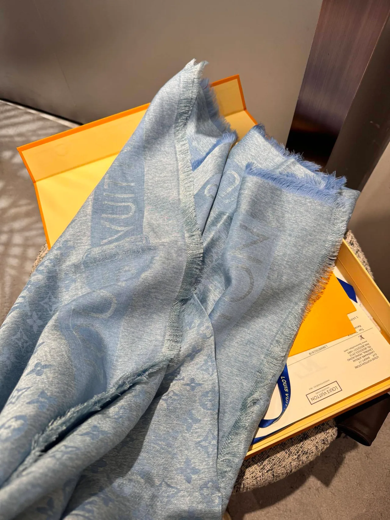 Louis Vuitton Monogram Print Heathered Blue-Gray Silk Scarf 9