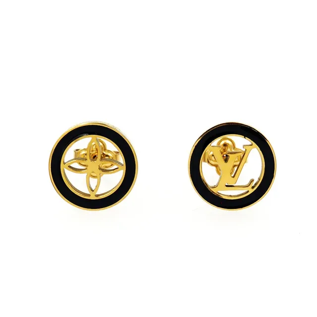 Louis Vuitton Monogram Stud Gold Black Circular Logo Earrings 2