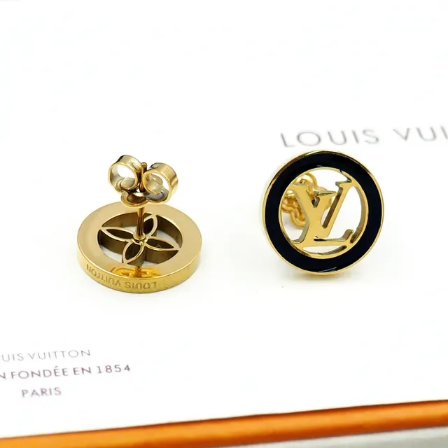 Louis Vuitton Monogram Stud Gold Black Circular Logo Earrings 3