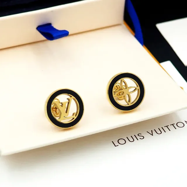 Louis Vuitton Monogram Stud Gold Black Circular Logo Earrings 4