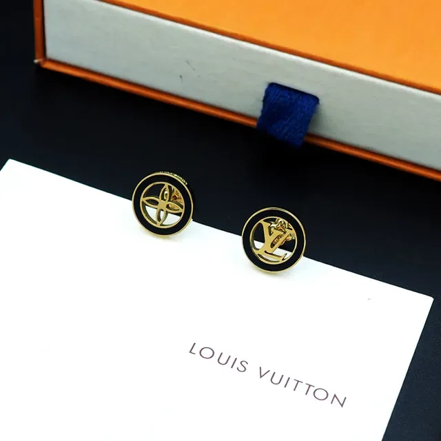 Louis Vuitton Monogram Stud Gold Black Circular Logo Earrings 5