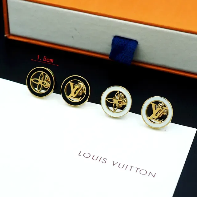 Louis Vuitton Monogram Stud Gold Black Circular Logo Earrings 6