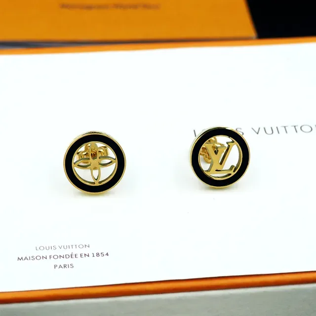 Louis Vuitton Monogram Stud Gold Black Circular Logo Earrings 7
