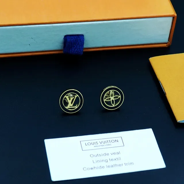 Louis Vuitton Monogram Stud Gold Black Circular Logo Earrings 9