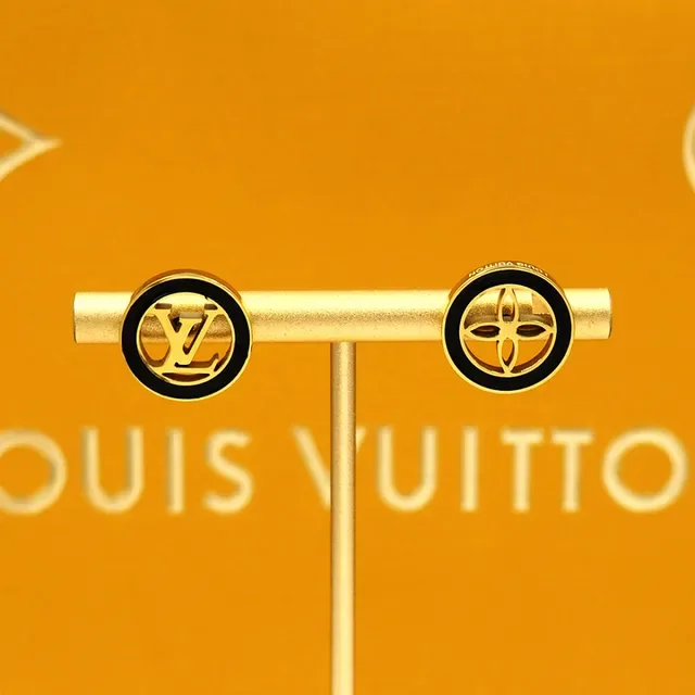 Louis Vuitton Monogram Stud Gold Black Circular Logo Earrings 10