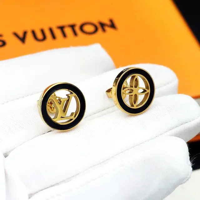 Louis Vuitton Monogram Stud Gold Black Circular Logo Earrings 11