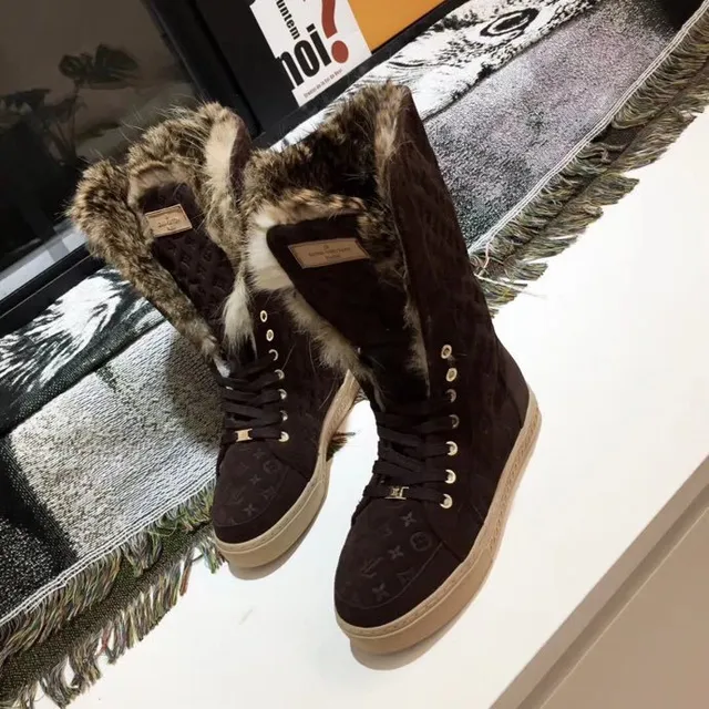 Louis Vuitton Monogram Suede Fur-Trimmed Knee Boots 7