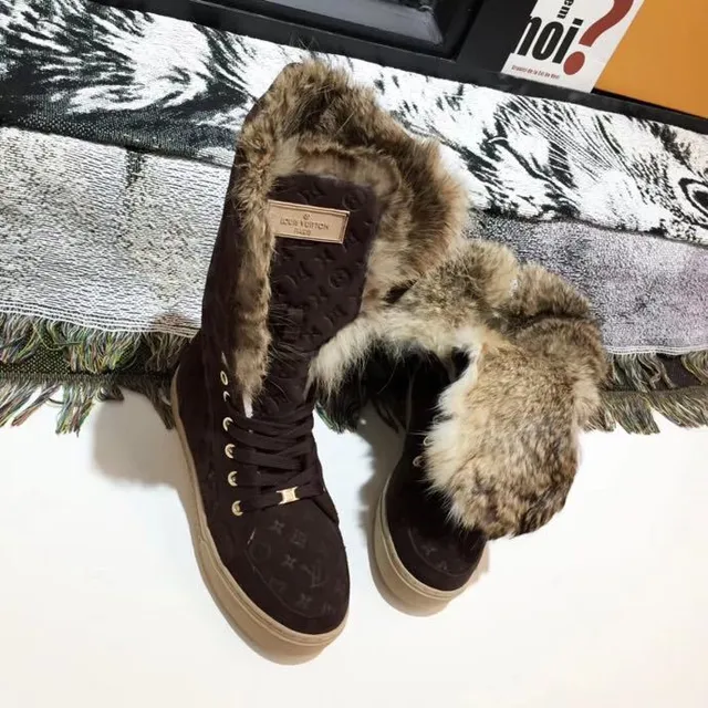 Louis Vuitton Monogram Suede Fur-Trimmed Knee Boots 9