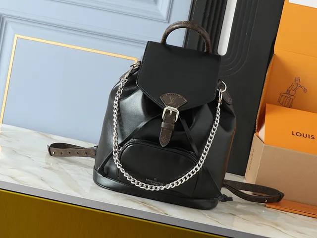 Louis Vuitton Montaigne Black Brown Smooth Leather Body Monogram Trim Mini Backpack 2