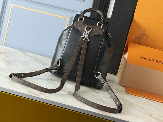 Louis Vuitton Montaigne Black Brown Smooth Leather Body Monogram Trim Mini Backpack 5