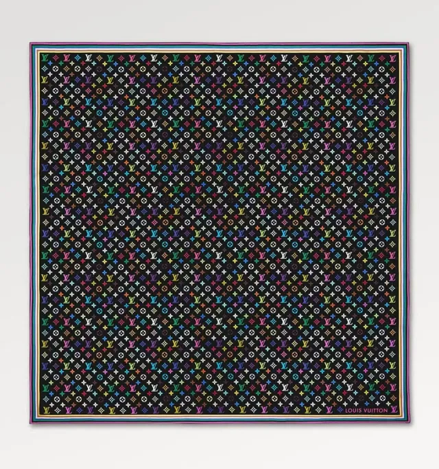 Louis Vuitton Multicolor Monogram Print Black Silk Scarf 1
