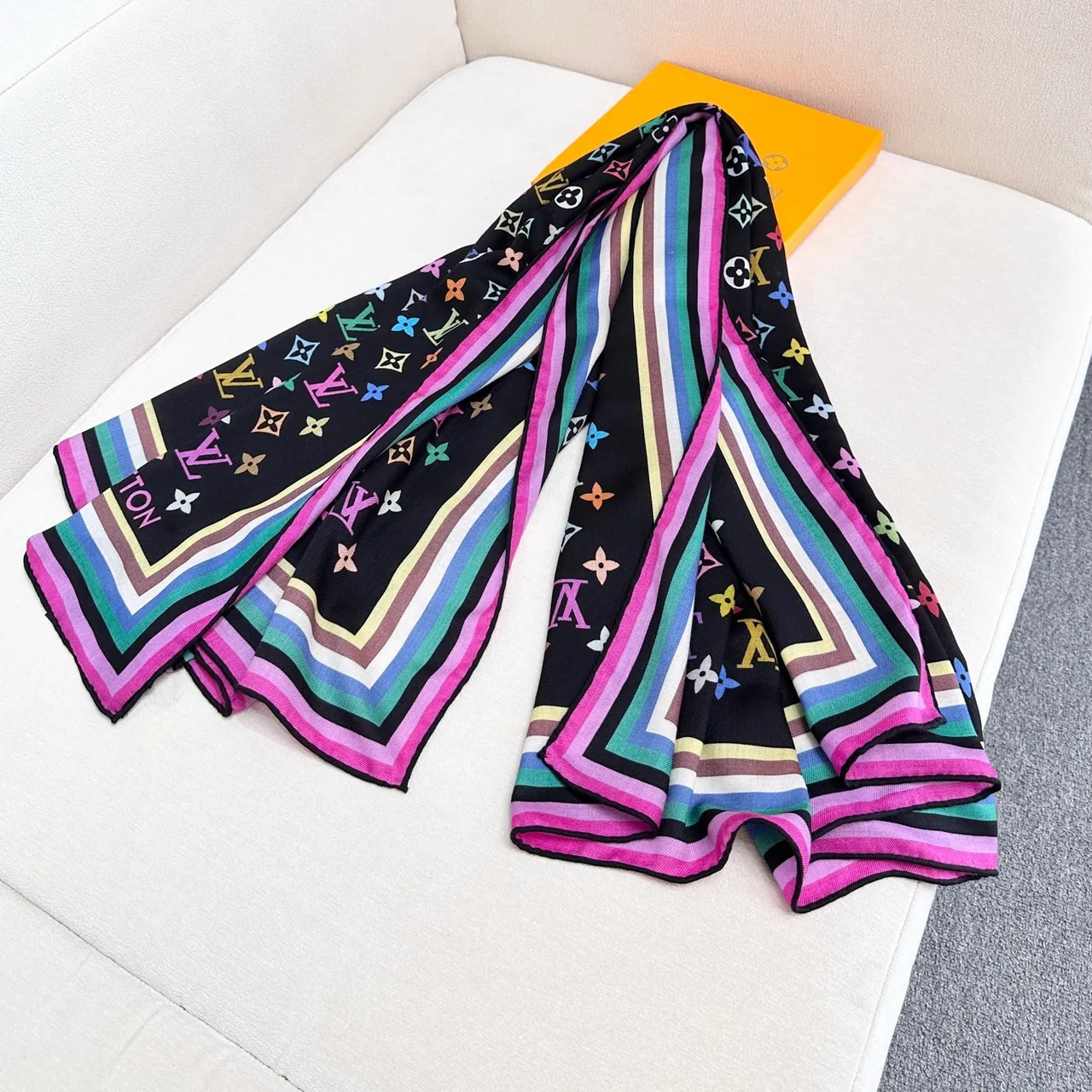 Louis Vuitton Multicolor Monogram Print Black Silk Scarf 3