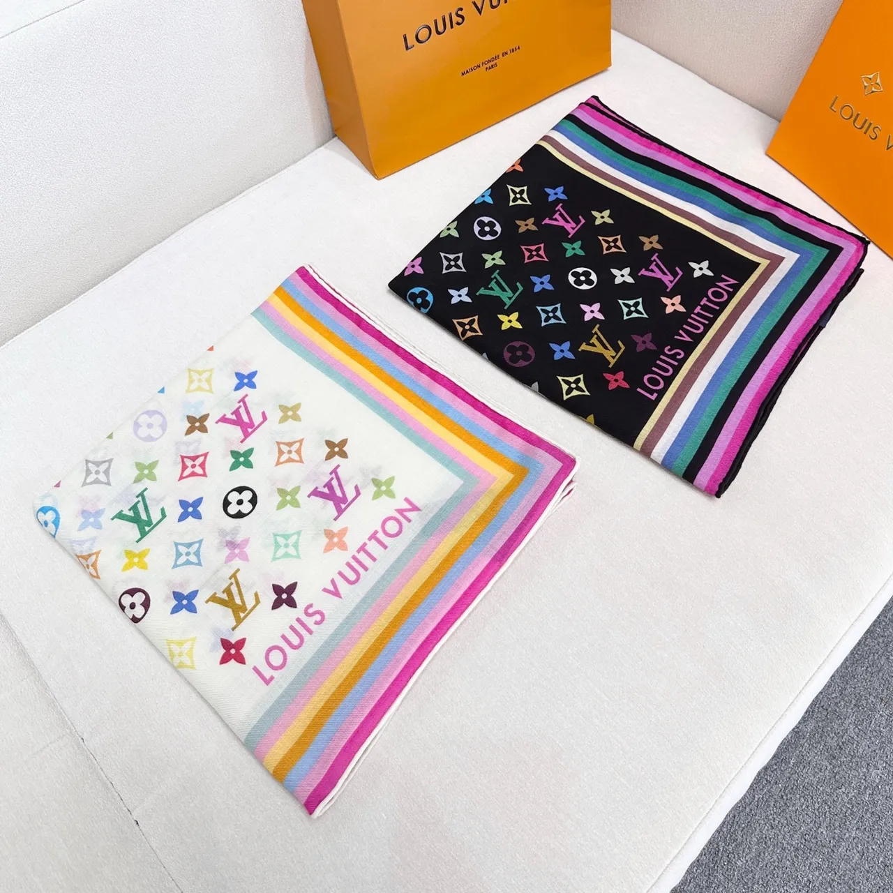 Louis Vuitton Multicolor Monogram Print Black Silk Scarf 6