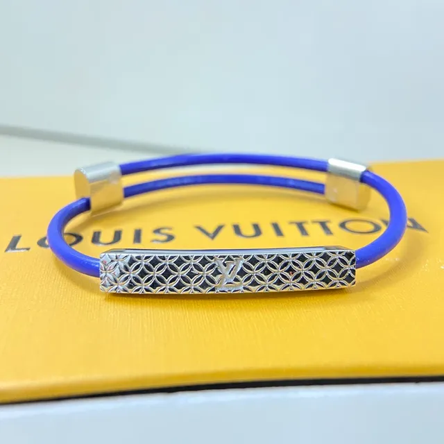 Louis Vuitton Bracelet Multicolore Argent Triple Empilée Barre Gravure Géométrique Treillis 5