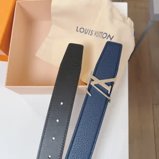 Louis Vuitton Navy Black Grained Taurillon Silver-Tone LV Twist Buckle Leather Belt
