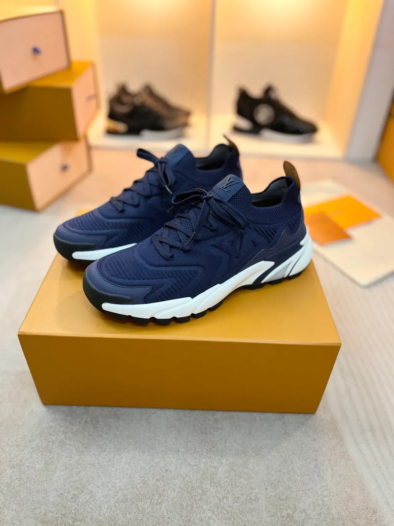Louis Vuitton Navy White Knit Upper Sculpted Midsole Chunky Sneakers 4