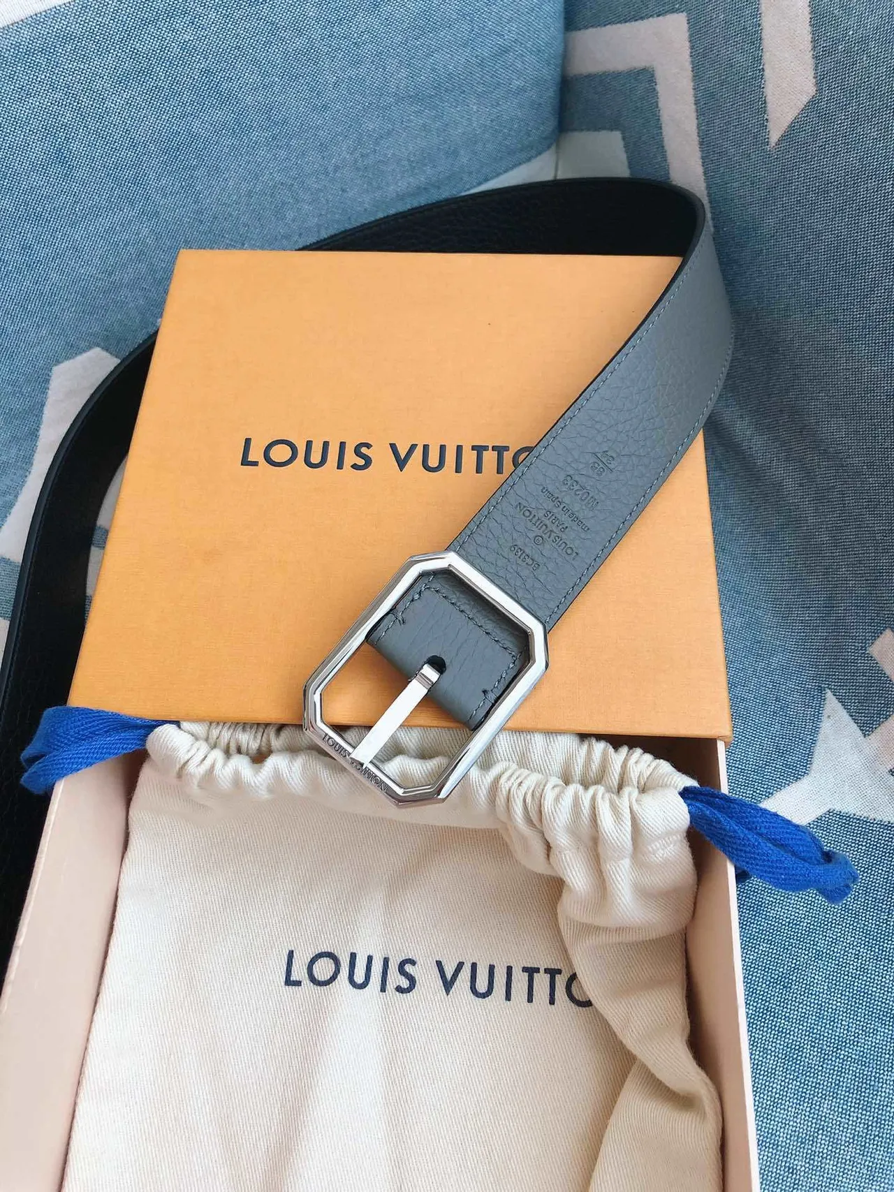 Louis Vuitton Octagonal Buckle Gray Pebbled Leather Belt 7
