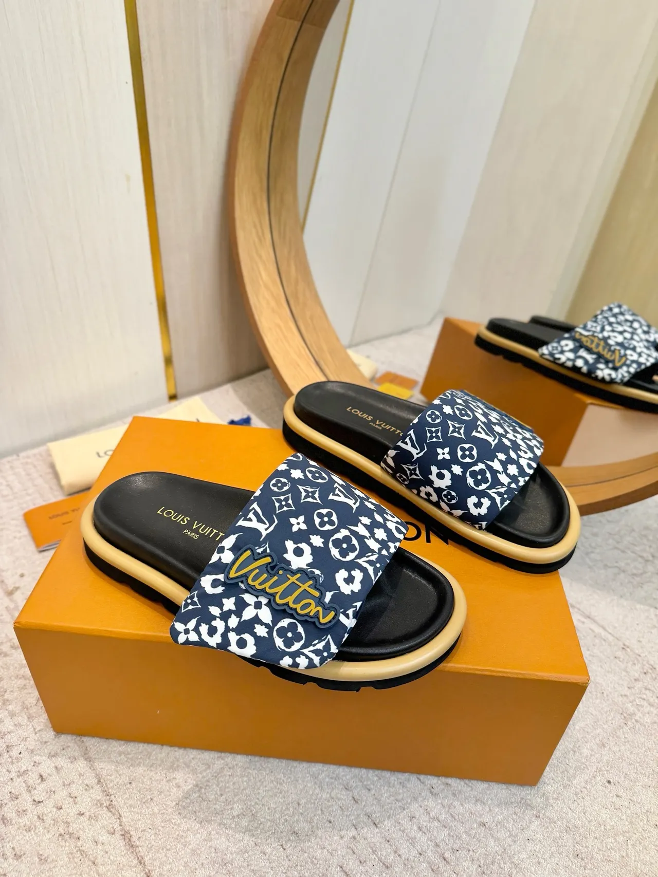 Louis Vuitton Printed Strap Logo Patch Platform Slippers 4