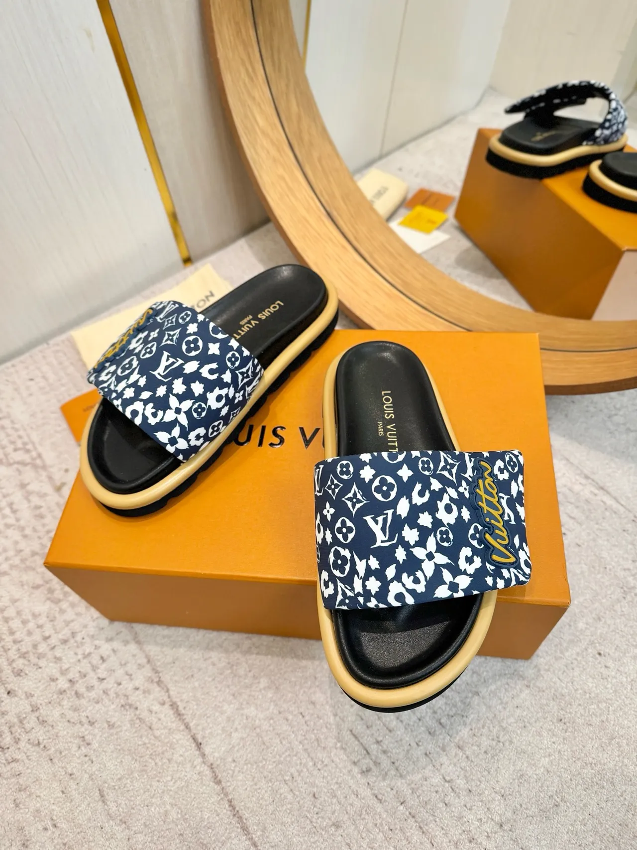 Louis Vuitton Printed Strap Logo Patch Platform Slippers 5