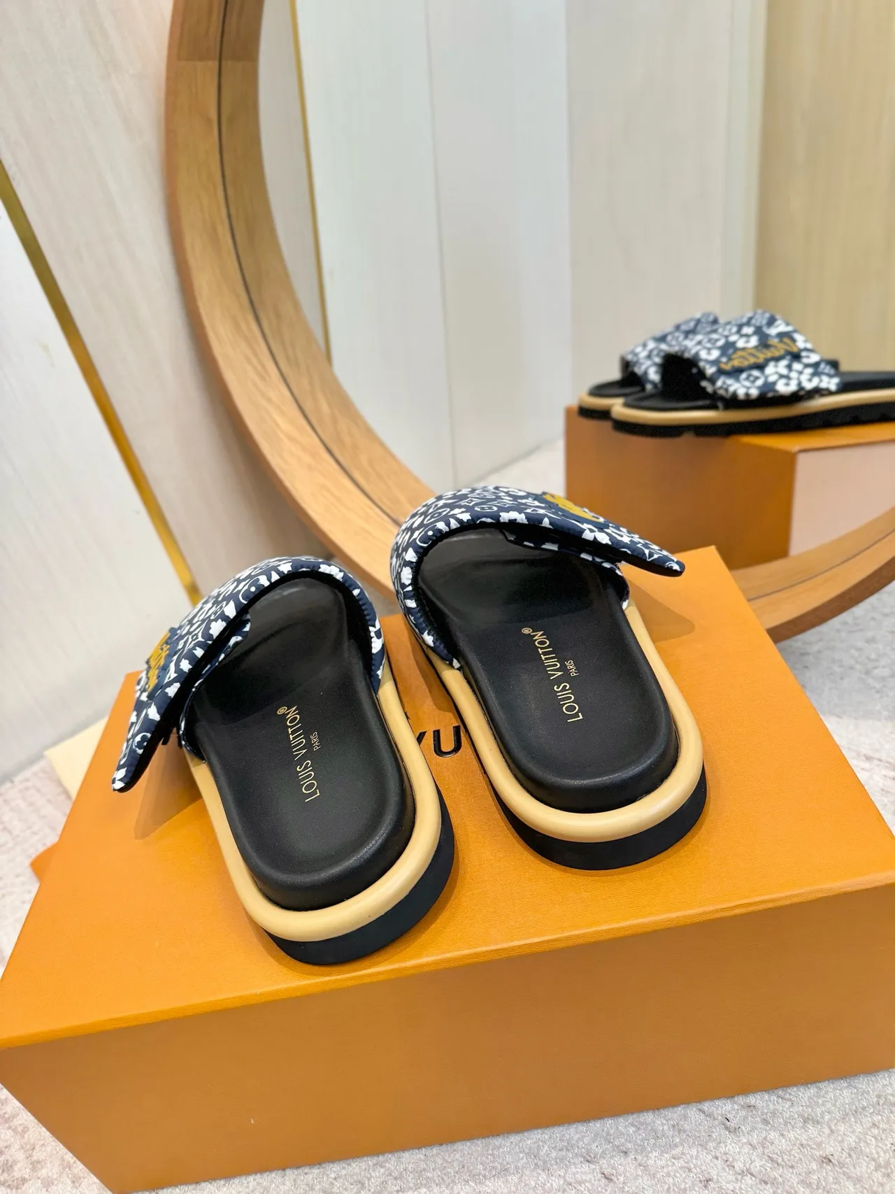 Louis Vuitton Printed Strap Logo Patch Platform Slippers 9