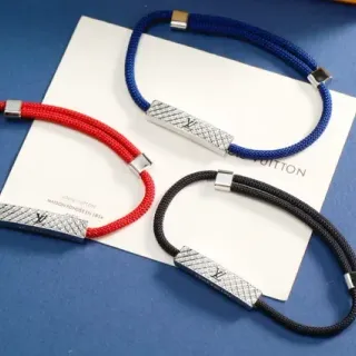 Louis Vuitton Red Blue Braided Nylon Cord Rectangular Monogrammed Metal Plate Bracelet