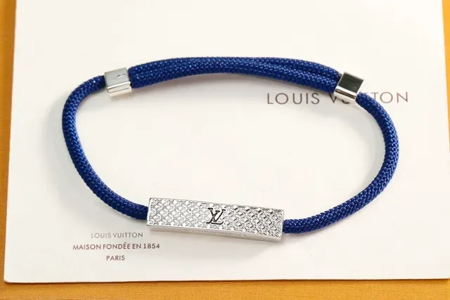 Louis Vuitton Red Blue Braided Nylon Cord Rectangular Monogrammed Metal Plate Bracelet 2