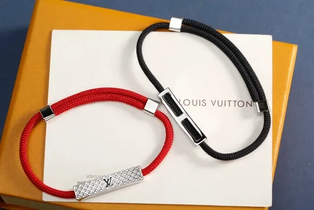 Louis Vuitton Red Blue Braided Nylon Cord Rectangular Monogrammed Metal Plate Bracelet 4