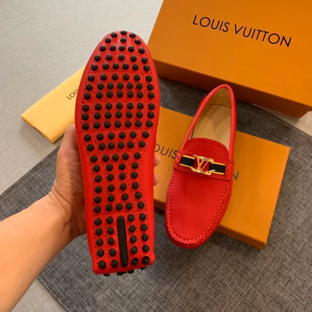 Louis Vuitton Red Gold Smooth Leather LV Buckle Strap Loafer 2
