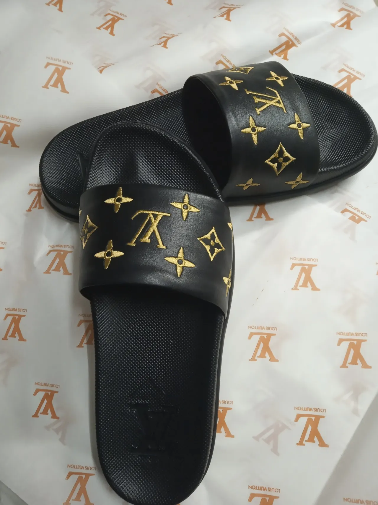 Louis Vuitton Run Away Monogram Black and Gold Slippers 5