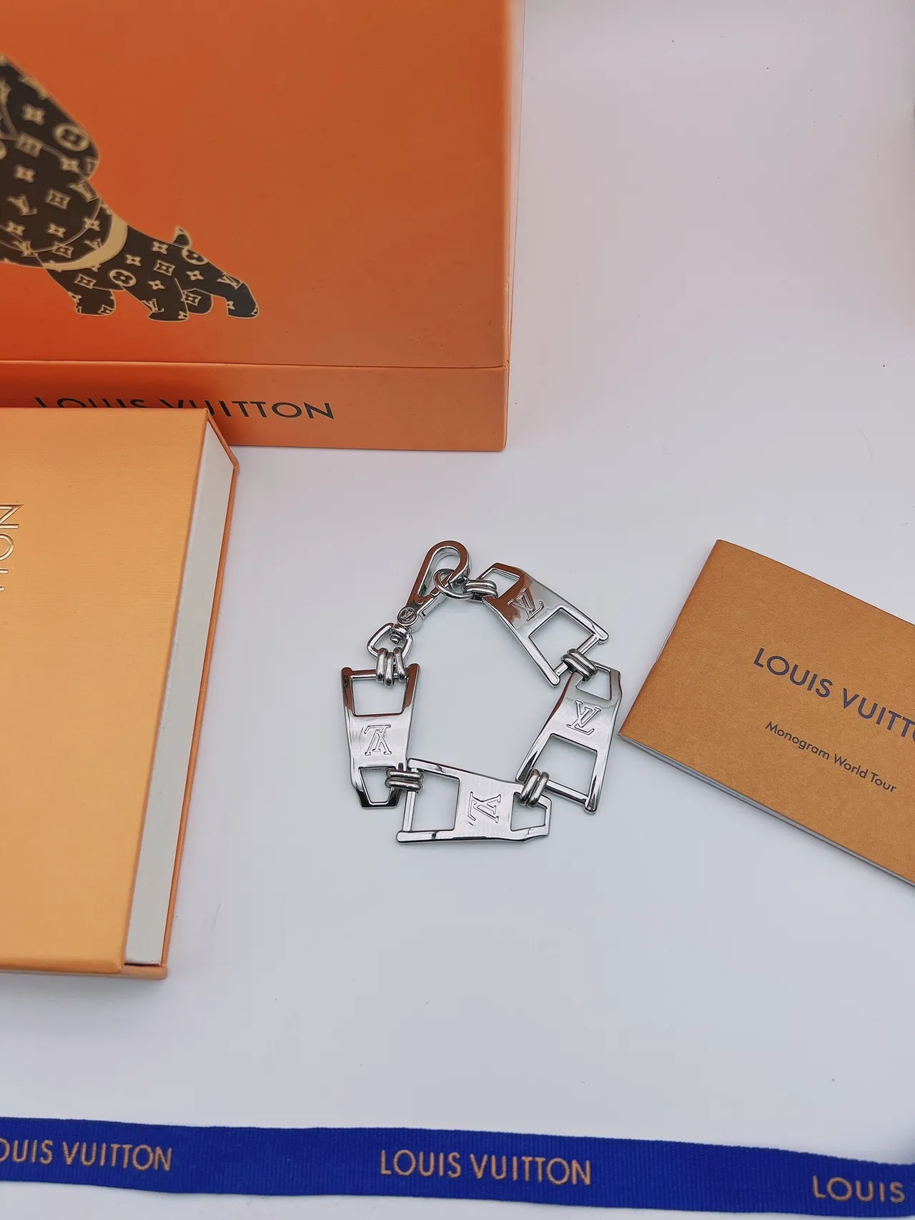 Louis Vuitton Silver Blue Articulated Metal Chain Engraved LV Monogram Bracelet 5