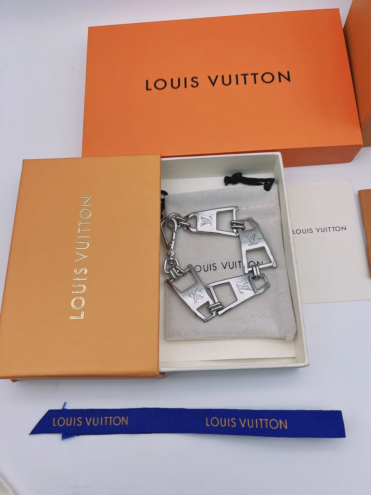 Louis Vuitton Silver Blue Articulated Metal Chain Engraved LV Monogram Bracelet 8