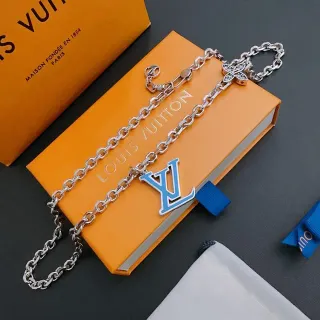 路易威登银蓝链环珐琅LV吊坠项链