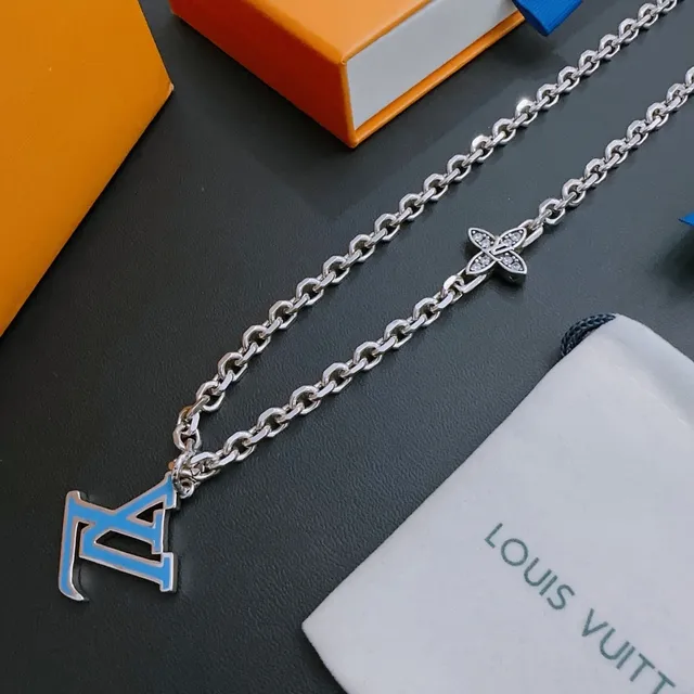 Louis Vuitton Silver Blue Chain Link Enamel LV Pendant Necklace 6