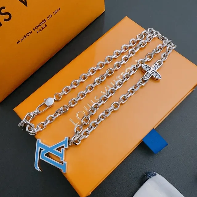 Louis Vuitton Silver Blue Chain Link Enamel LV Pendant Necklace 8