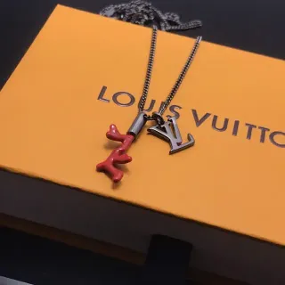 Louis Vuitton Silver Red Curb Chain Enamel Coral Charm Necklace