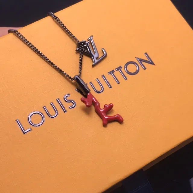 Louis Vuitton Silver Red Curb Chain Enamel Coral Charm Necklace 2