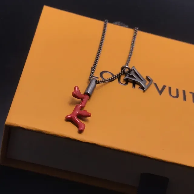 Louis Vuitton Silver Red Curb Chain Enamel Coral Charm Necklace 3