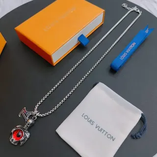 Louis Vuitton Silver Red Curb Chain Integrated LV Monogram Necklace