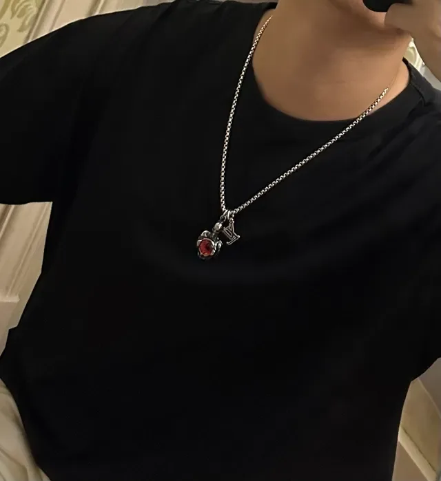 Louis Vuitton Silver Red Curb Chain Integrated LV Monogram Necklace 2