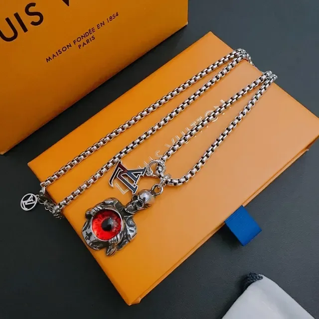 Louis Vuitton Silver Red Curb Chain Integrated LV Monogram Necklace 3
