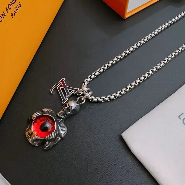 Louis Vuitton Silver Red Curb Chain Integrated LV Monogram Necklace 6