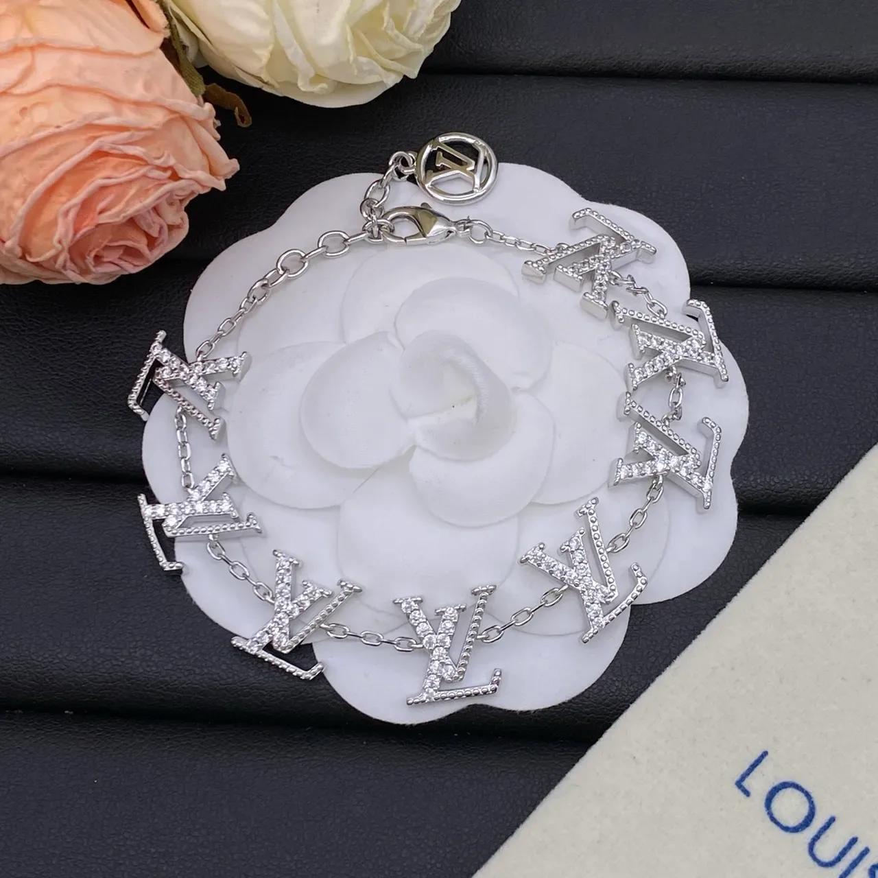 Louis Vuitton Silver White Pavé-Set Monogram Charms Chain Necklace 2