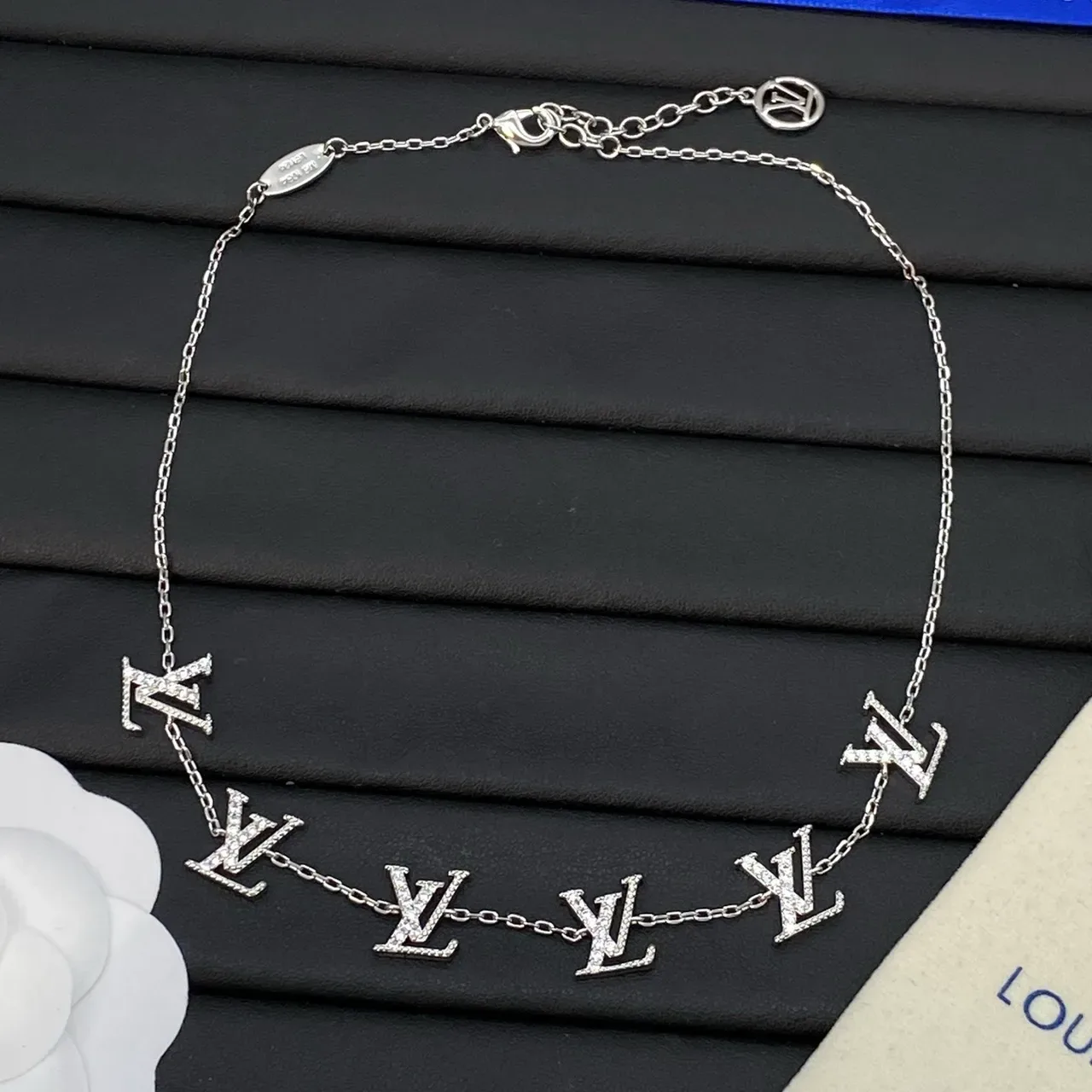 Louis Vuitton Silver White Pavé-Set Monogram Charms Chain Necklace 3