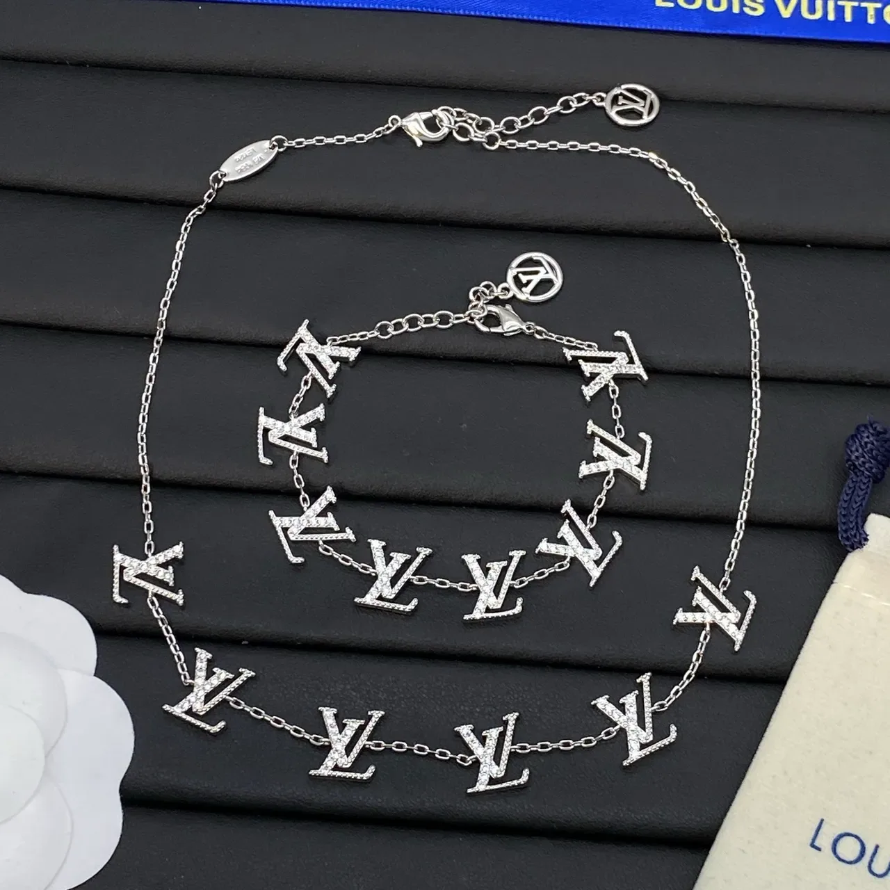 Louis Vuitton Silver White Pavé-Set Monogram Charms Chain Necklace 4