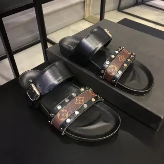 Louis Vuitton Slide أسود بني حزام مزدوج مطبوع كانفاس نطاق صندل كاجوال