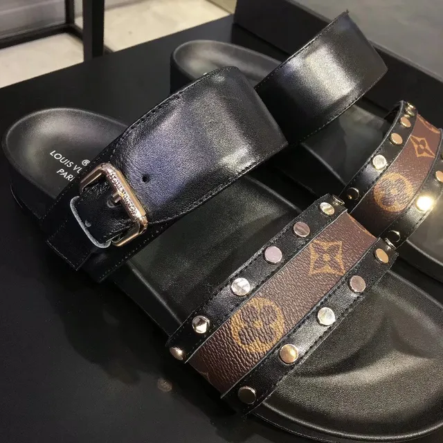 Louis Vuitton Slide Noir Marron Double Sangle Monogramme Toile Bande Sandales Casual 2